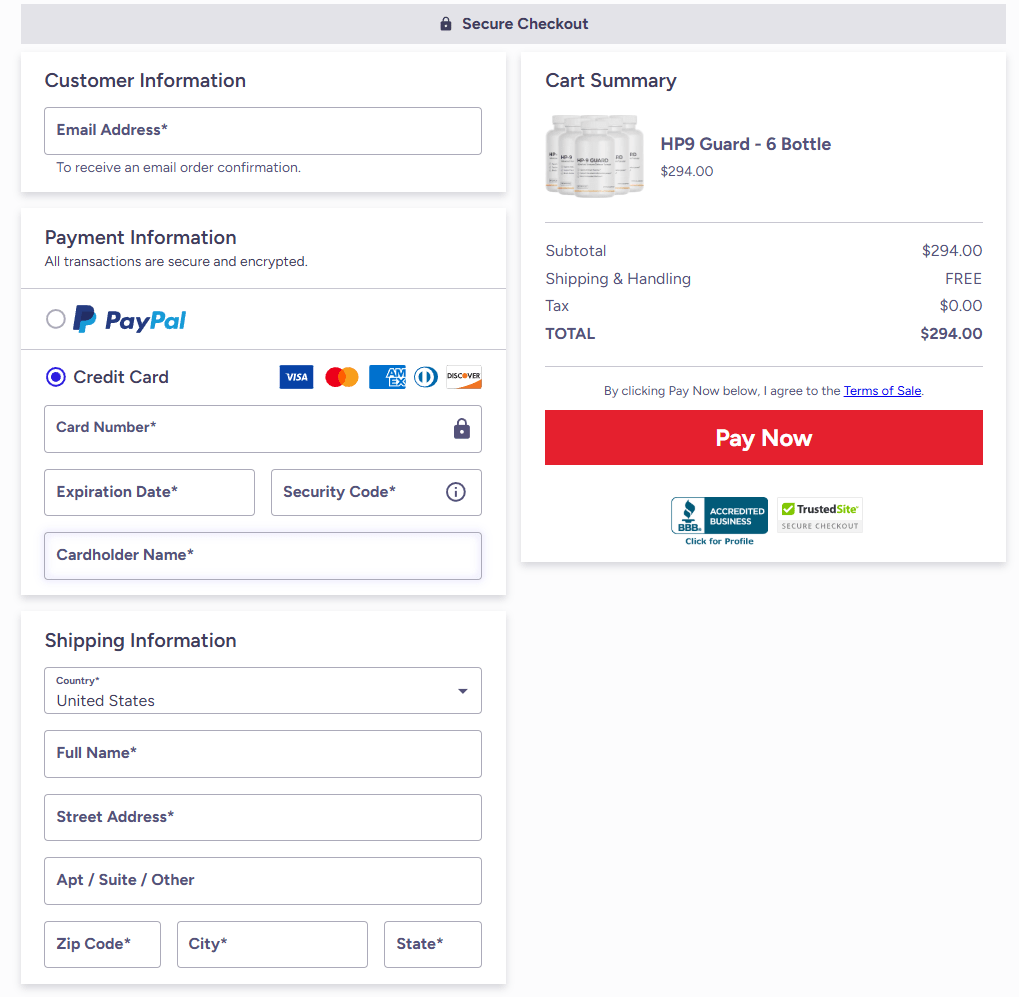 HP9 Guard order page